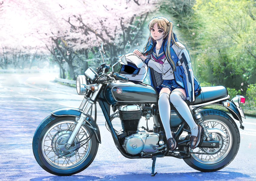 1girl, absurdres, bakuon!!, bell, black_footwear, blonde_hair, blue_sailor_collar, blue_skirt
