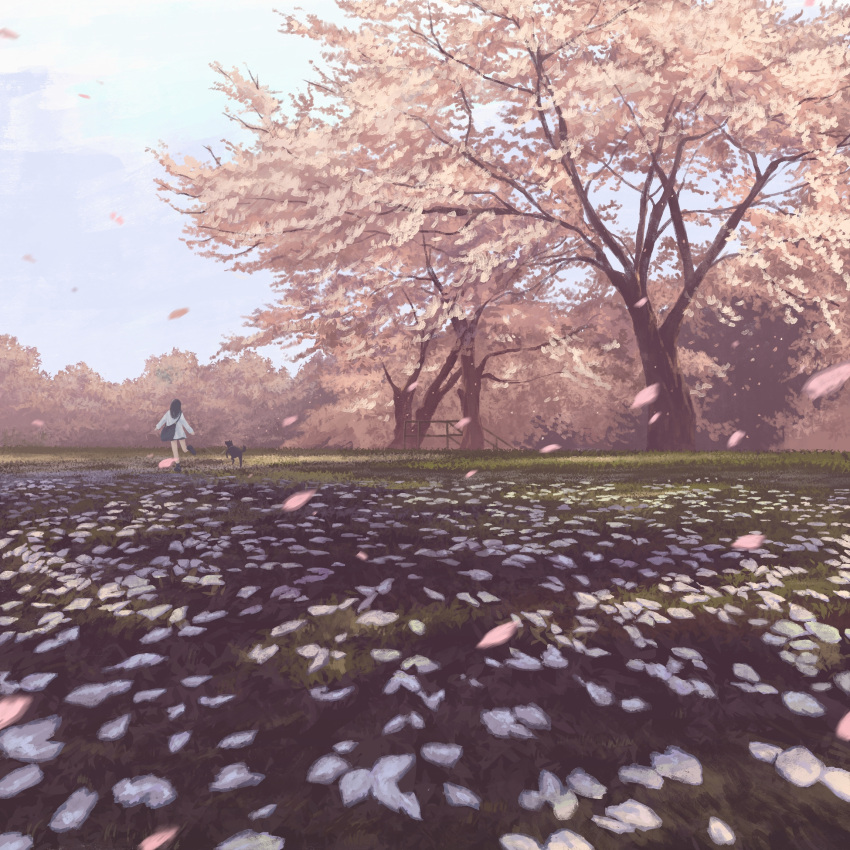 1girl, arms_at_sides, bag, black_footwear, black_hair, black_shorts, blue_sky, cherry_blossoms