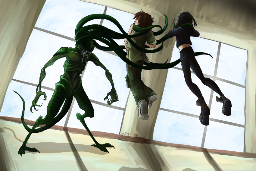 1boy, 1girl, 1other, absurdres, alien, backlighting, black_hair, black_pants, black_sweater, brezifus, brown_footwear, brown_hair, claws, code_lyoko, colored_skin, dated, derivative_work, drooling, english_commentary, fangs, green_pants, green_skin, highres, ishiyama_yumi, midriff, monster, painting_(medium), pants, predalien, ribs, saliva, screenshot_redraw, sharp_teeth, short_hair, short_sleeves, signature, strangling, sweater, tail, teeth, tentacle_around_neck, tentacle_grab, tentacle_hair, tentacles, traditional_media, ulrich_stern, white_footwear, window, xenomorph