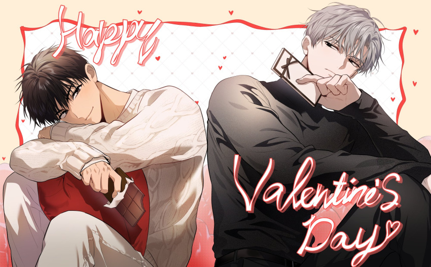 2boys, black_eyes, border, box, box_of_chocolates, brown_eyes, brown_hair, chocolate