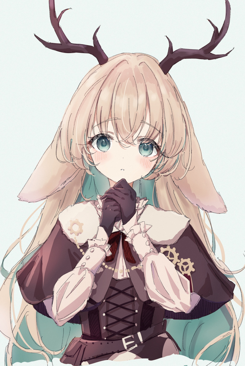 1girl, absurdres, animal_ears, antlers, belt, black_gloves, blonde_hair, blue_background