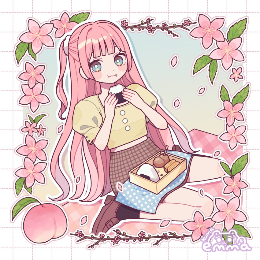 1girl, :t, arms_up, artist_name, bento, black_socks, blue_eyes, blush