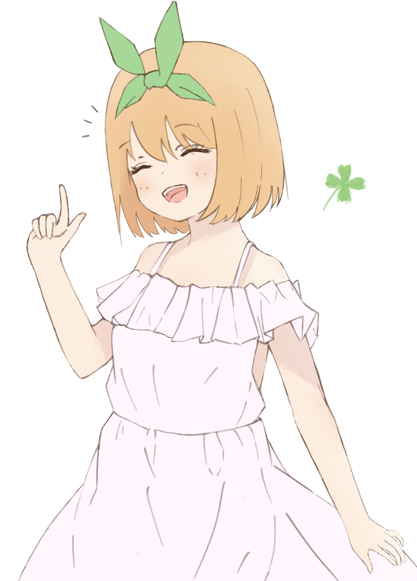 1girl, bare_shoulders, closed_eyes, commentary_request, dress, go-toubun_no_hanayome, green_hairband, green_ribbon