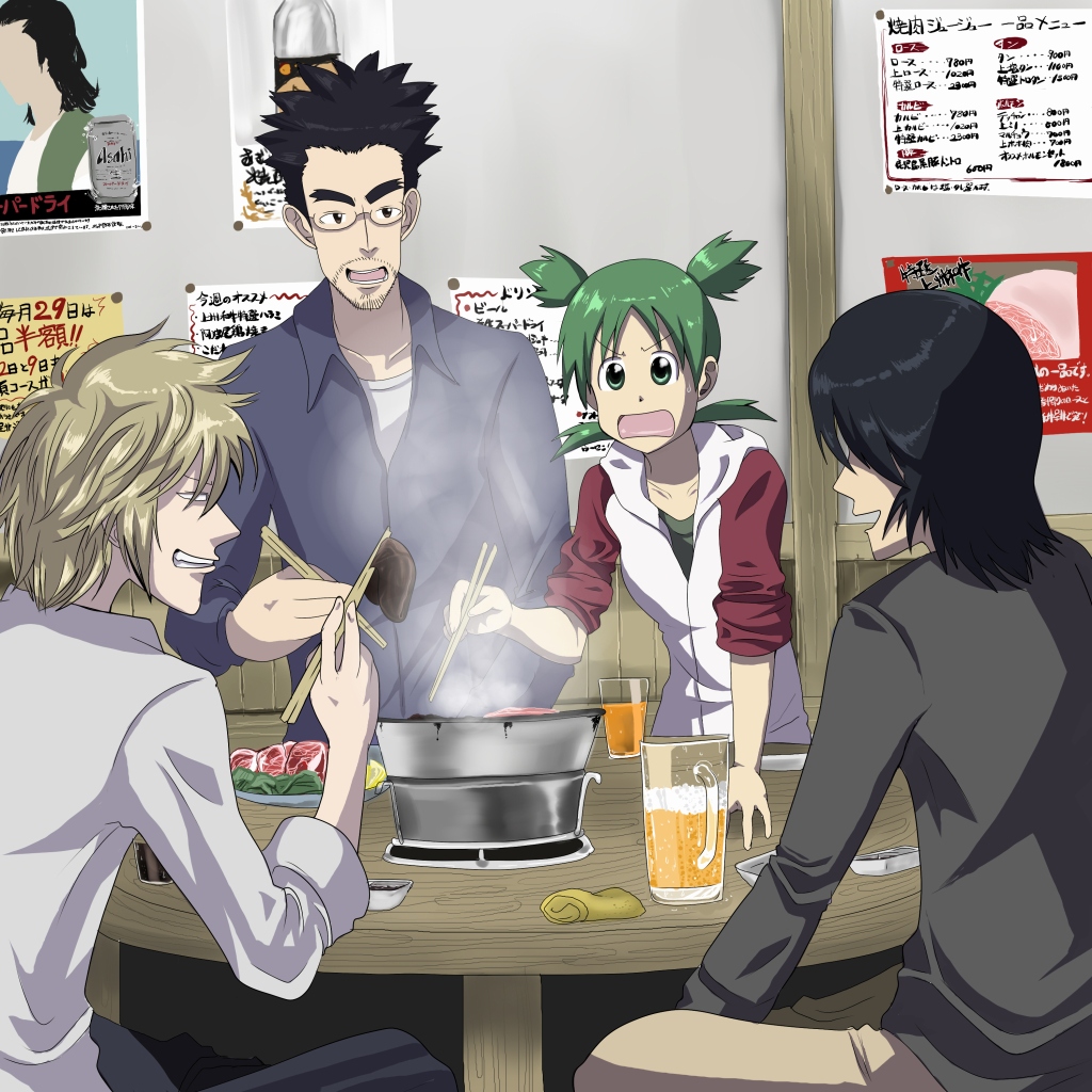 1girl, 3boys, aged_up, alcohol, beer, beer_mug, chopsticks, cup