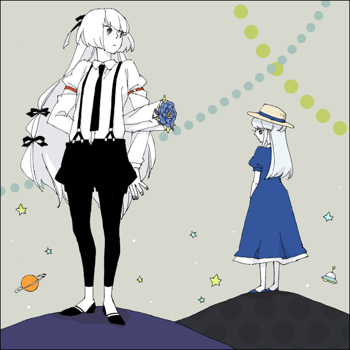 alternate_costume, arms_behind_back, asasui, blue_dress, bouquet, casual, dress, flower
