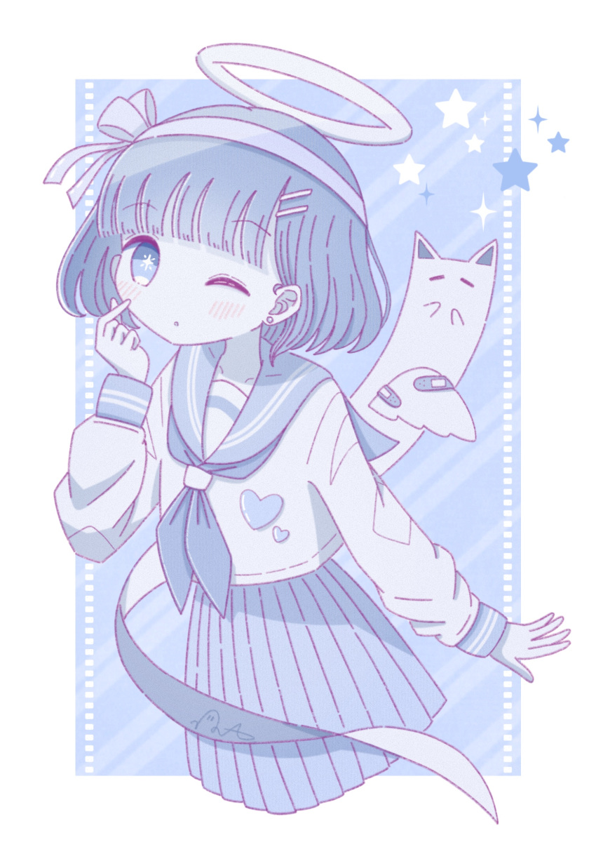 1girl, :o, angel, angel_wings, bandaid_on_wing, blue_eyes, blue_hair, blue_neckerchief