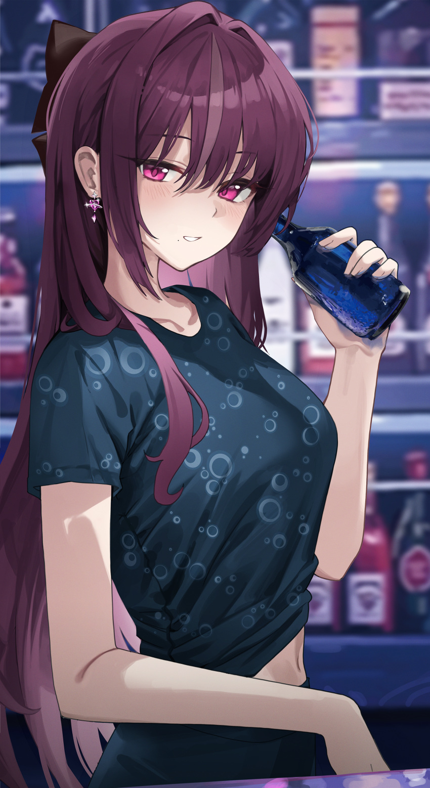 1girl, absurdres, black_bow, blue_shirt, blurry, blurry_background, blush, bottle
