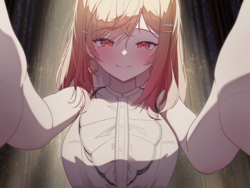 1girl, absurdres, akuame_(ring3922), blush, center_frills, colored_inner_hair, earrings, frills