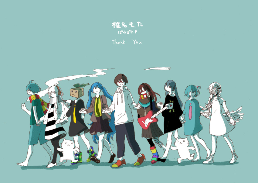 2boys, 6+girls, alternate_costume, aoyama_wasabi, asymmetrical_clothes, asymmetrical_legwear, barefoot, black_dress