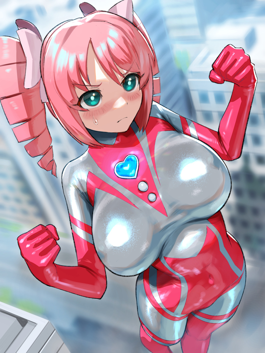 bodysuit, building, chest_jewel, city, color_timer, colored_skin, drill_hair, giant