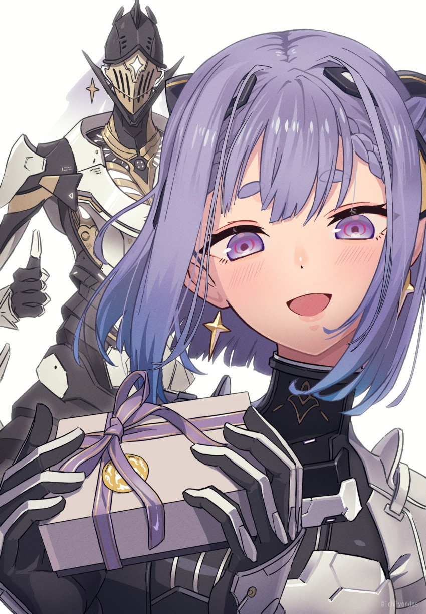 1girl, 1other, alisa_(punishing:_gray_raven), black_bodysuit, black_bow, bodysuit, bow, box, braid, braided_bangs, cecilie_(pgr), cross, cross_earrings, earrings, gift, gift_box, hair_bow, hair_intakes, happy, headgear, helmet, highres, holding, holding_gift, ichiyon, jewelry, looking_at_viewer, medium_hair, ok_sign, open_mouth, punishing:_gray_raven, purple_bow, purple_hair, ringed_eyes, violet_eyes, white_background