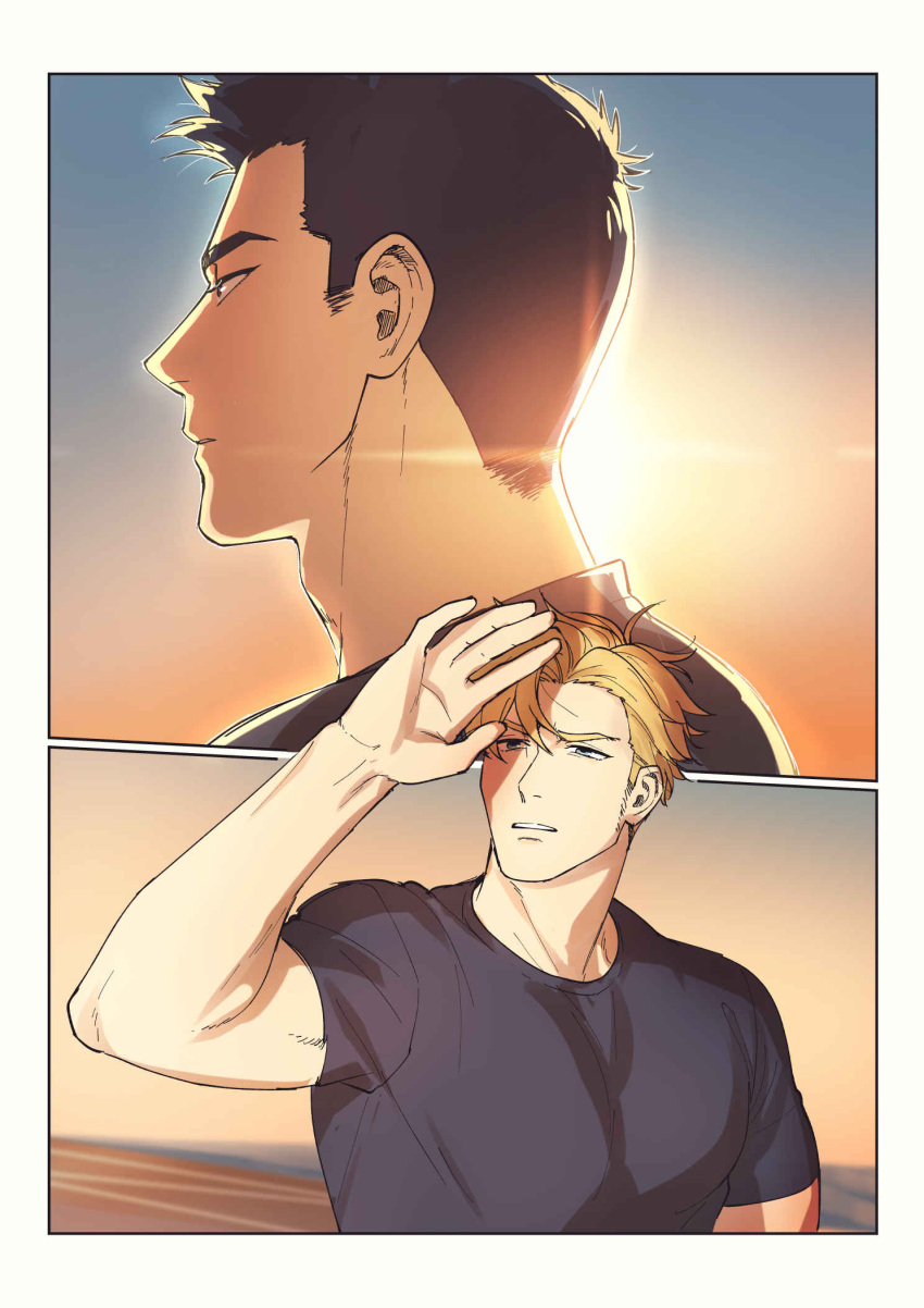 2boys, ao_isami, backlighting, black_hair, blinding_light, blonde_hair, expressionless, facial_hair, highres, lewis_smith, looking_ahead, male_focus, multiple_boys, outside_border, pectorals, shirt, sideburns_stubble, stubble, sunlight, t-shirt, thick_eyebrows, upper_body, yuuki_bakuhatsu_bang_bravern, yuzuki_(hmr813k)