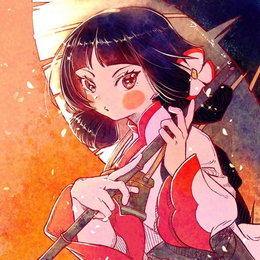 1girl, black_hair, blush_stickers, danannie, dress, flower, hair_flower, hair_ornament