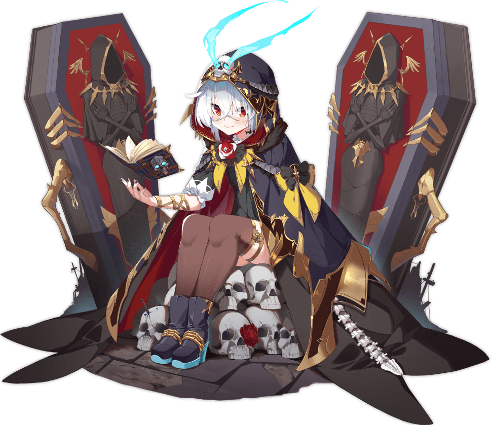 1girl, antennae, ark_order, artist_request, black_cape, black_dress, black_footwear, blue_fire, book, boots, bow, bow_cape, bowtie, brown_thighhighs, cape, closed_mouth, coffin, crossed_arms, crossed_bangs, dress, faux_figurine, fire, floating, floating_book, floating_object, full_body, gold_trim, hair_between_eyes, hood, hooded_cape, long_sleeves, looking_at_viewer, official_art, pile_of_skulls, puffy_long_sleeves, puffy_sleeves, red_eyes, sitting, smile, solo, spine, thanatos_(ark_order), thigh-highs, transparent_background, white_hair, yellow_bow, yellow_bowtie