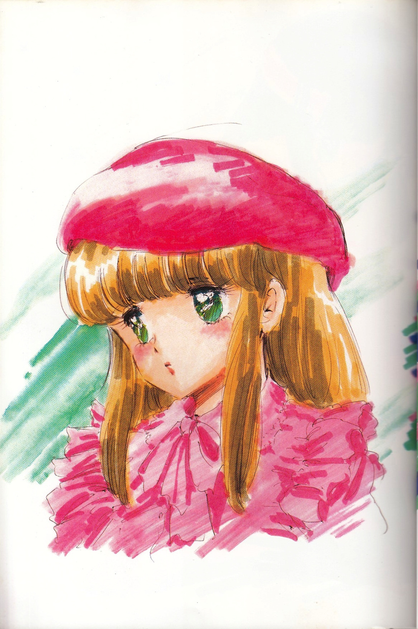 1980s_(style), 1girl, blouse, blush, cream_lemon, escalation, green_eyes, highres