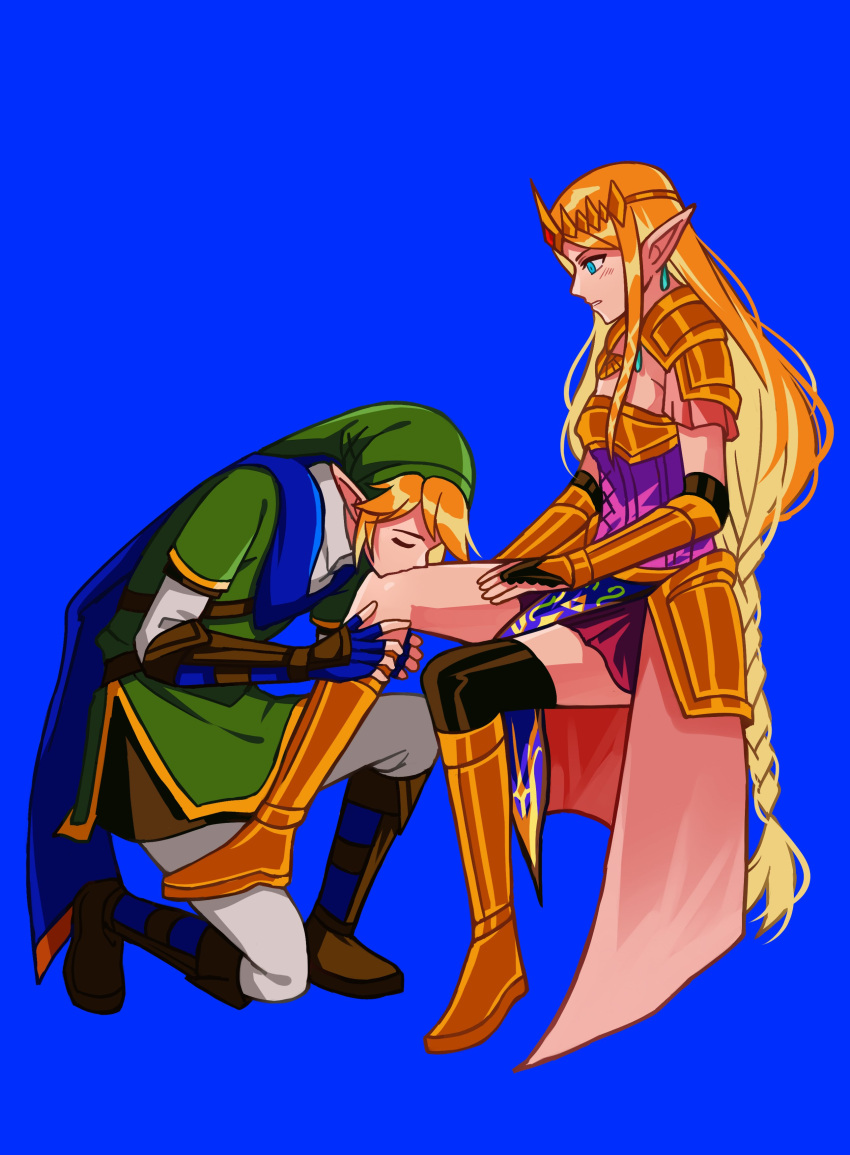 1boy, 1girl, absurdres, blonde_hair, blue_background, blue_eyes, boots, closed_eyes, drop_earrings, earrings, fuwafuwallen, gold_footwear, green_tunic, highres, hyrule_warriors, invisible_chair, jewelry, kissing_leg, knee_boots, link, long_hair, parted_lips, pointy_ears, princess_zelda, simple_background, sitting, the_legend_of_zelda, tiara