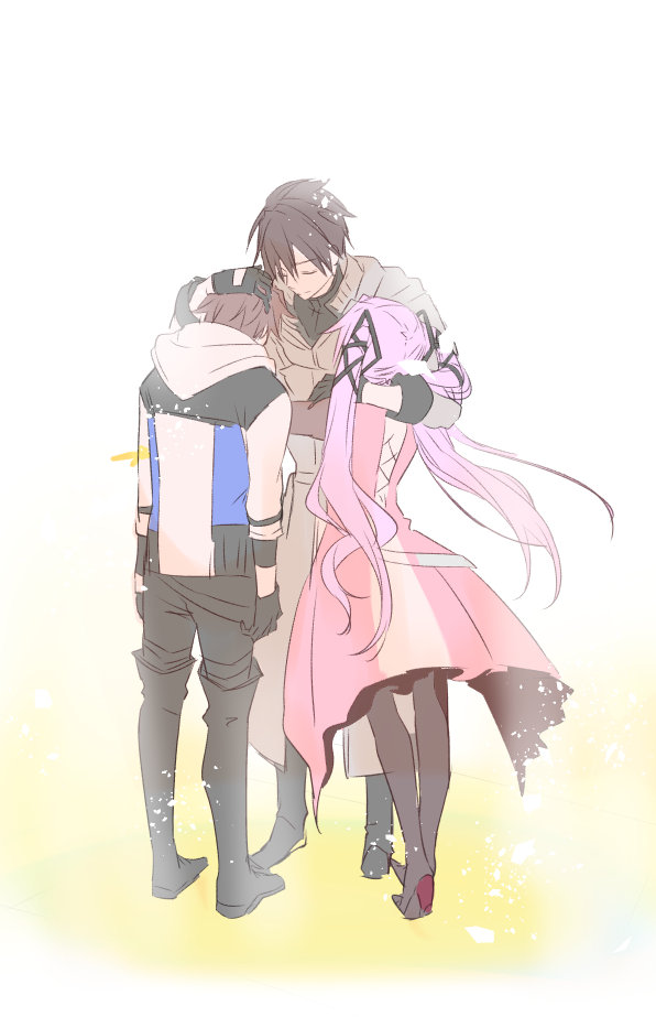 1girl, 2boys, ace_rayne, black_gloves, black_pants, brother_and_sister, closed_eyes, commentary_request, dress, eiyuu_densetsu, garden-master_(eiyuu_densetsu), gloves, hug, kuro_no_kiseki, kuro_no_kiseki_ii, long_hair, multiple_boys, nadia_rayne, pants, pantyhose, pink_dress, pink_hair, siblings, simple_background, spoilers, swin_abel, tatsumikkk, white_background