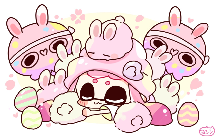 1girl, :3, beanie, chibi, closed_eyes, commentary_request, easter, easter_egg