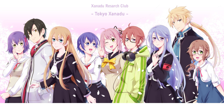 3girls, 6+girls, :d, black_hair, blonde_hair, blue_hair, bow, bowtie