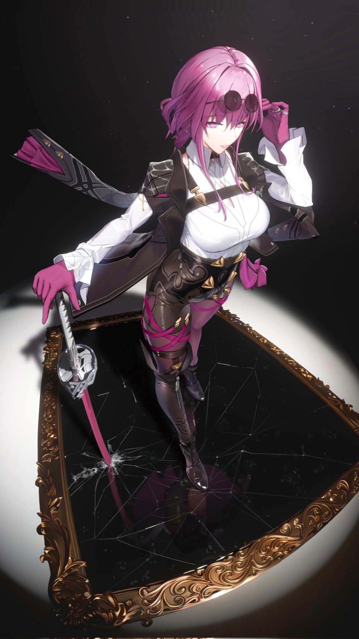 1girl, adjusting_eyewear, asymmetrical_footwear, black_background, black_footwear, black_jacket, boots, breasts, chest_harness, collared_shirt, crack, eyewear_on_head, fisheye, fuann, full_body, gloves, hand_on_hilt, hand_up, harness, high-waist_shorts, high_heel_boots, high_heels, highres, honkai:_star_rail, honkai_(series), jacket, kafka_(honkai:_star_rail), large_breasts, light_particles, looking_at_viewer, medium_hair, pantyhose, parted_lips, picture_frame, pince-nez, planted, planted_sword, purple_gloves, purple_hair, purple_pantyhose, round_eyewear, shirt, shorts, single_thigh_boot, solo, spider_web_print, spotlight, standing_on_mirror, sword, thigh_boots, violet_eyes, weapon, white_shirt