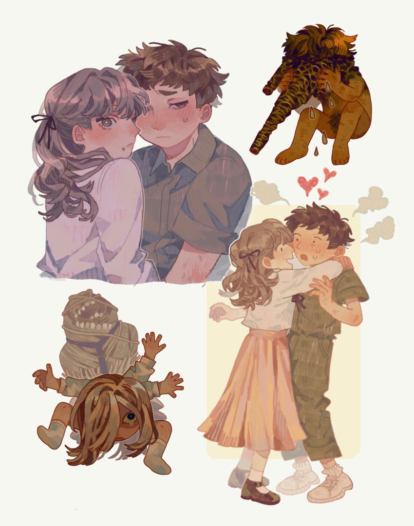 1boy, 1girl, blush, brown_eyes, brown_hair, commentary, cotimne, crying