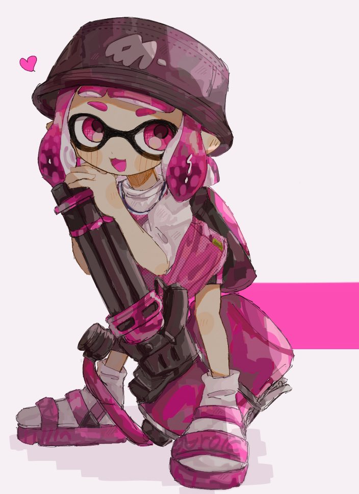 1girl, :d, black_hat, bucket_hat, full_body, gun, hat, heart