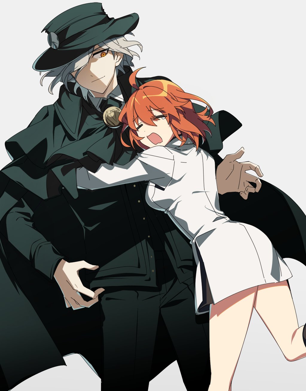 1boy, 1girl, =_=, agata720, ahoge, cloak, closed_eyes, closed_mouth
