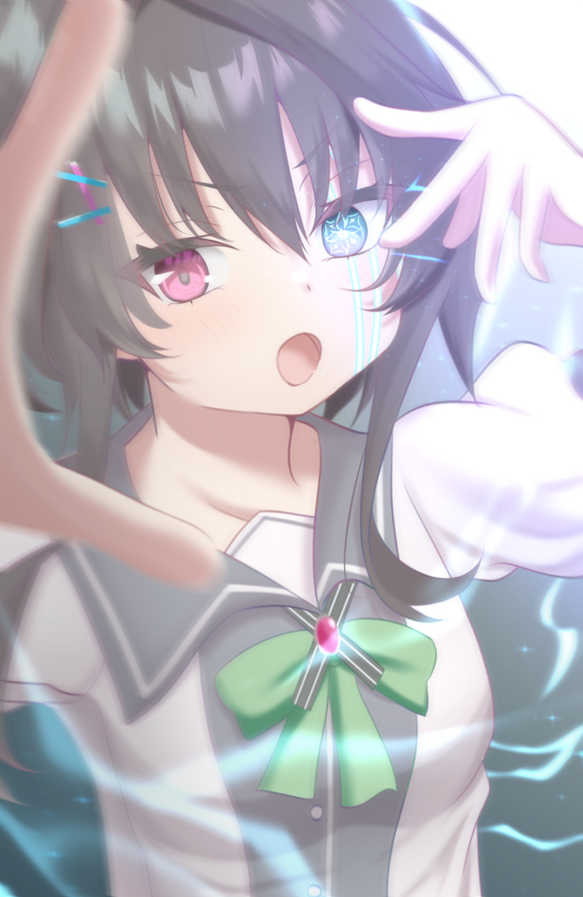 1girl, 9-nine-, :o, absurdres, black_hair, black_shirt, blue_eyes, blurry