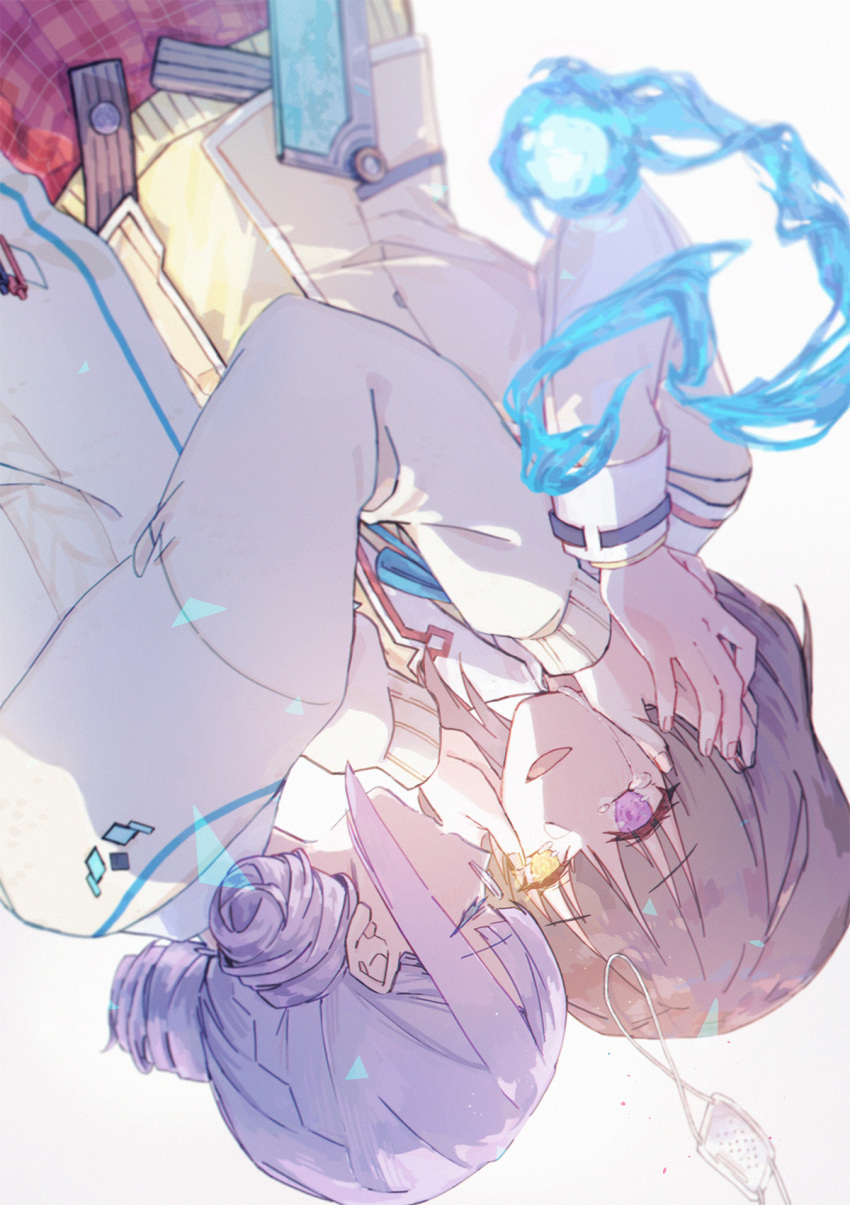 2girls, belt, blue_ribbon, closed_eyes, coat, cover, cover_page, crying