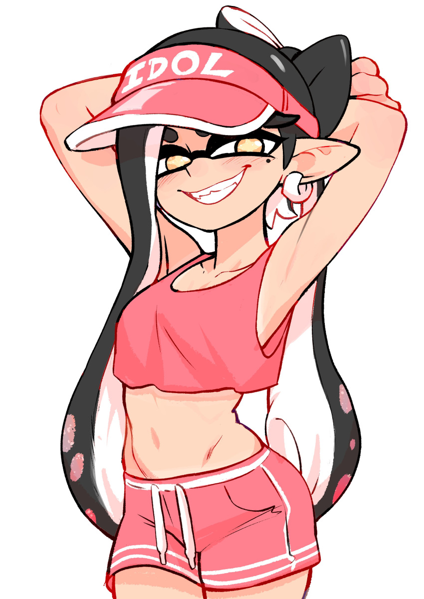 1girl, absurdres, alternate_costume, arms_behind_head, black_hair, callie_(splatoon), colo_(nagrolaz), earrings