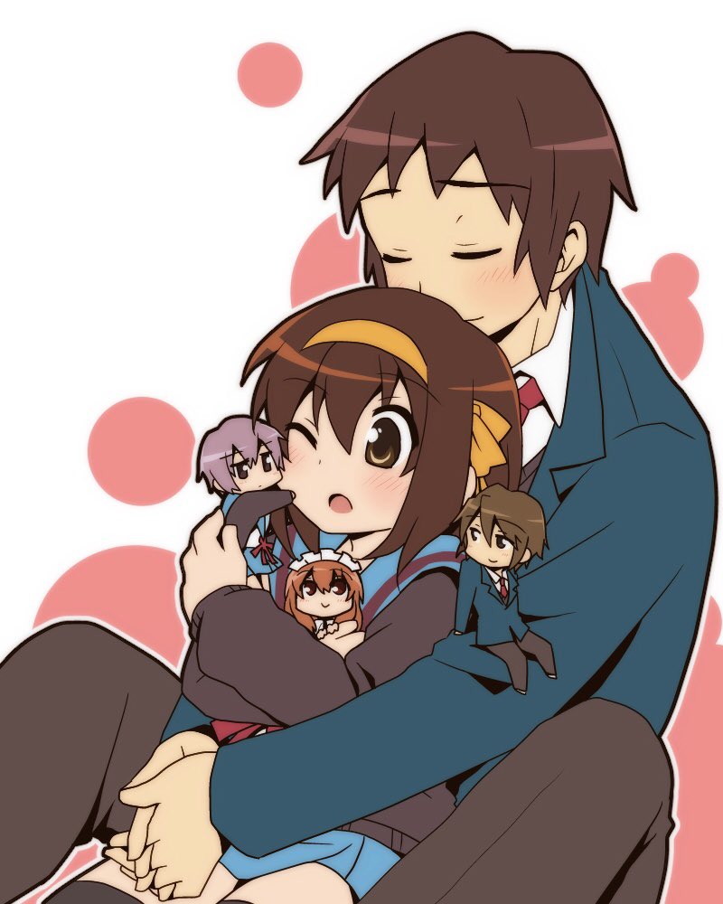 2boys, 3girls, asahina_mikuru, blazer, blue_sailor_collar, blue_skirt, blush, brown_cardigan