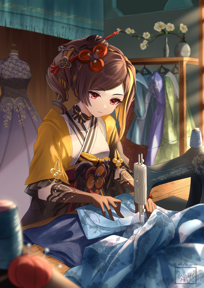1girl, absurdres, asymmetrical_sidelocks, brown_hair, chiori_(genshin_impact), choker, clothes, clothes_hanger