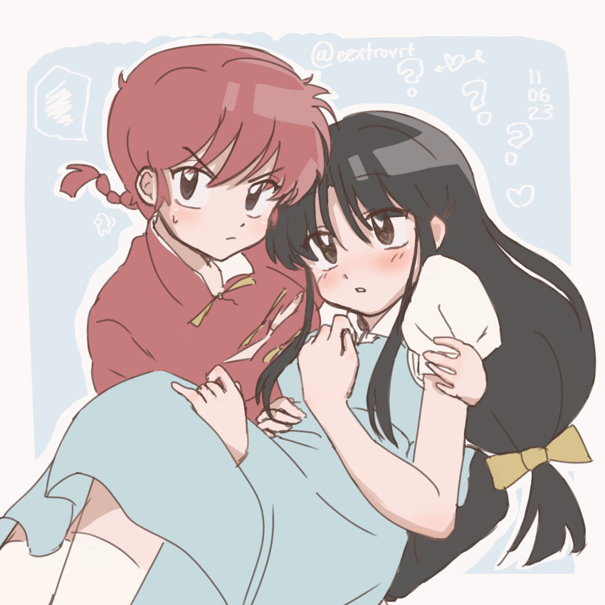 2girls, blush, bow, braid, braided_ponytail, breasts, chinese_clothes, closed_mouth