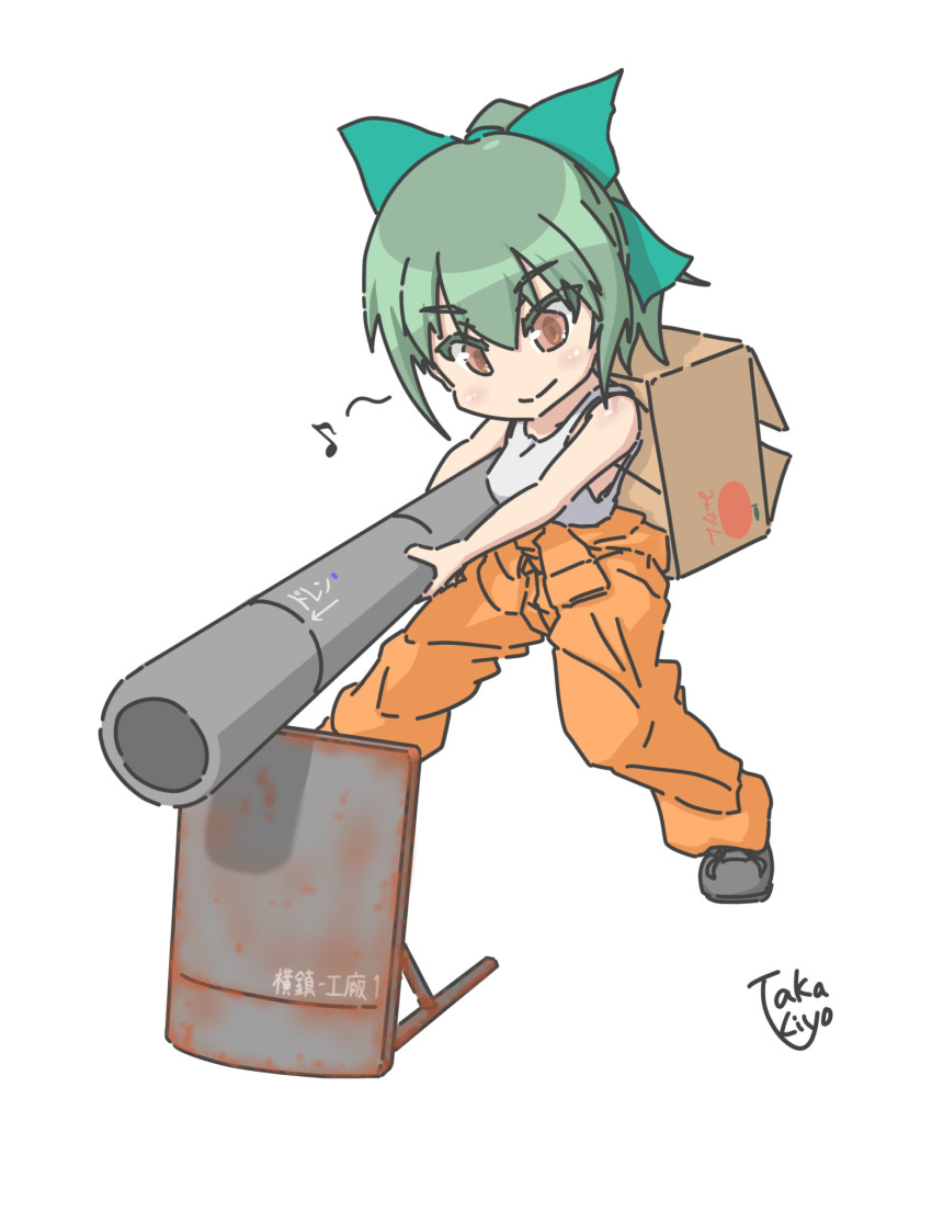 1girl, artist_logo, artist_name, box, brown_eyes, cardboard_box, commentary_request, eighth_note
