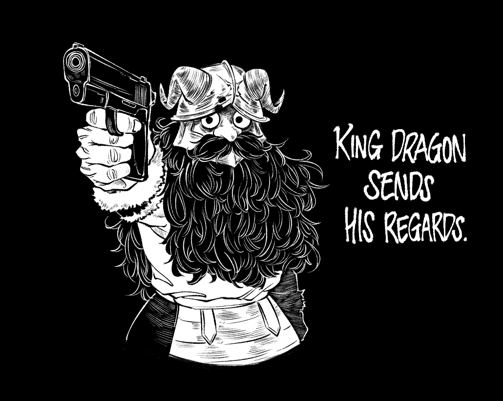 1boy, alternate_weapon, beard, cropped_legs, dungeon_meshi, dwarf, english_text, facial_hair