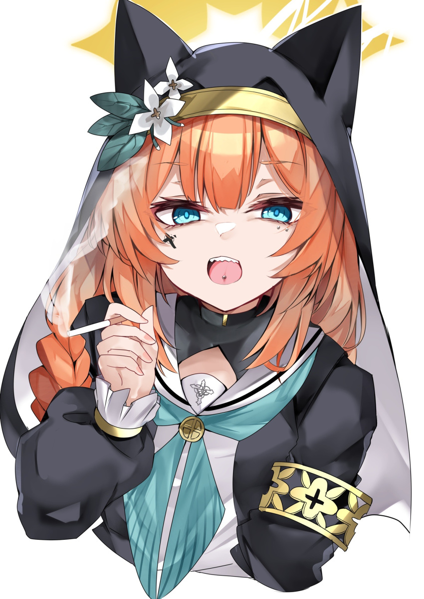 1girl, animal_ear_headwear, aqua_eyes, aqua_neckerchief, blue_archive, braid, cigarette, commentary_request