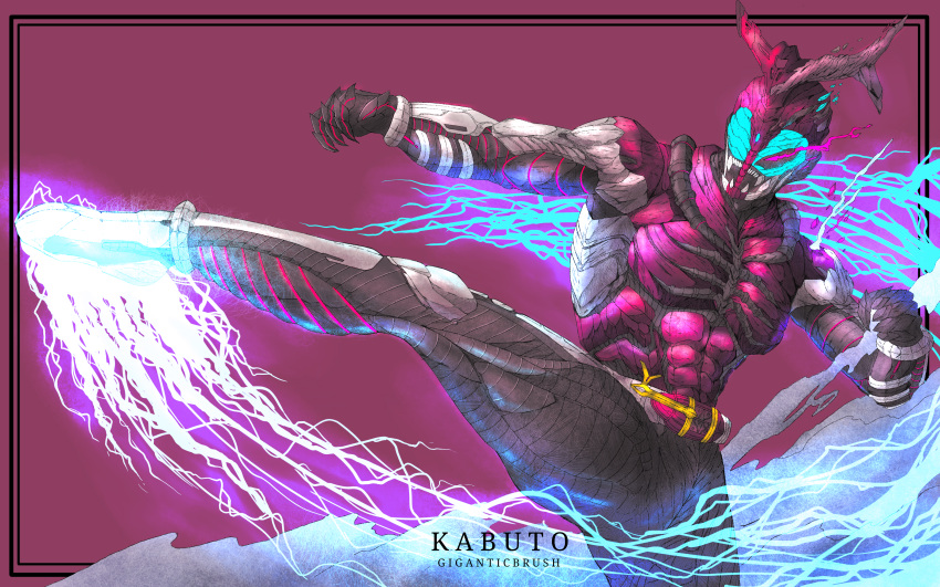 1boy, absurdres, belt, bodysuit, broken, broken_helmet, character_name, exoskeleton, finishing_move, giganticbrush, helmet, highres, kabuto_zecter, kamen_rider, kamen_rider_kabuto, kamen_rider_kabuto_(series), kicking, lightning, male_focus, mask, monsterification, open_mouth, tokusatsu, worm_(kamen_rider_kabuto)