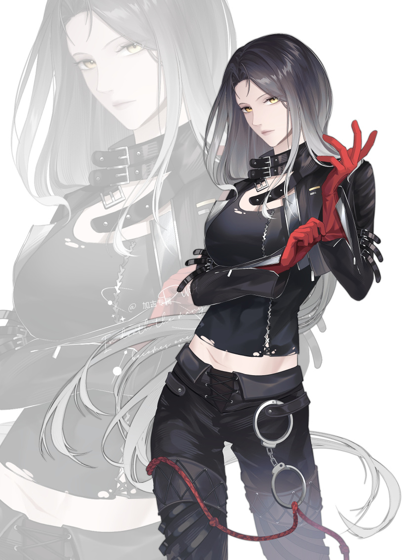 1girl, absurdres, angell_(path_to_nowhere), belt, belt_collar, black_hair, black_jacket, black_pants