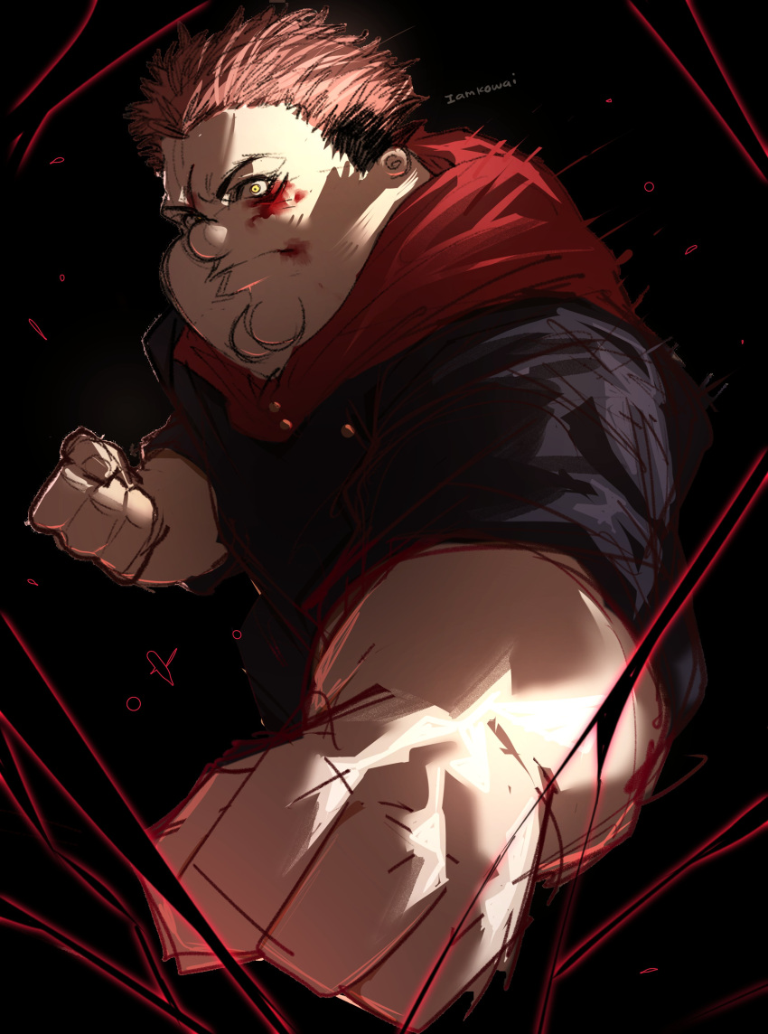 1boy, absurdres, black_hair, blood, blood_on_face, cleft_chin, clenched_hands, cosplay