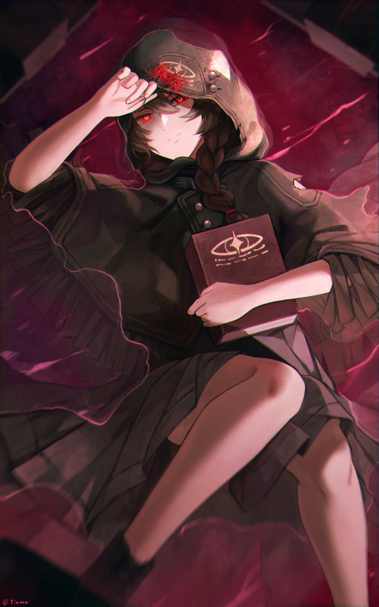 1girl, black_coat, black_dress, black_hair, book, braid, coat, cradle_(punishing:_gray_raven), dress, flower, glowing, glowing_eyes, hair_between_eyes, highres, holding, holding_book, holding_flower, hood, hooded_coat, looking_at_viewer, lying, magic_circle, pleated_dress, punishing:_gray_raven, red_eyes, solo, spider_lily, tkhalloween