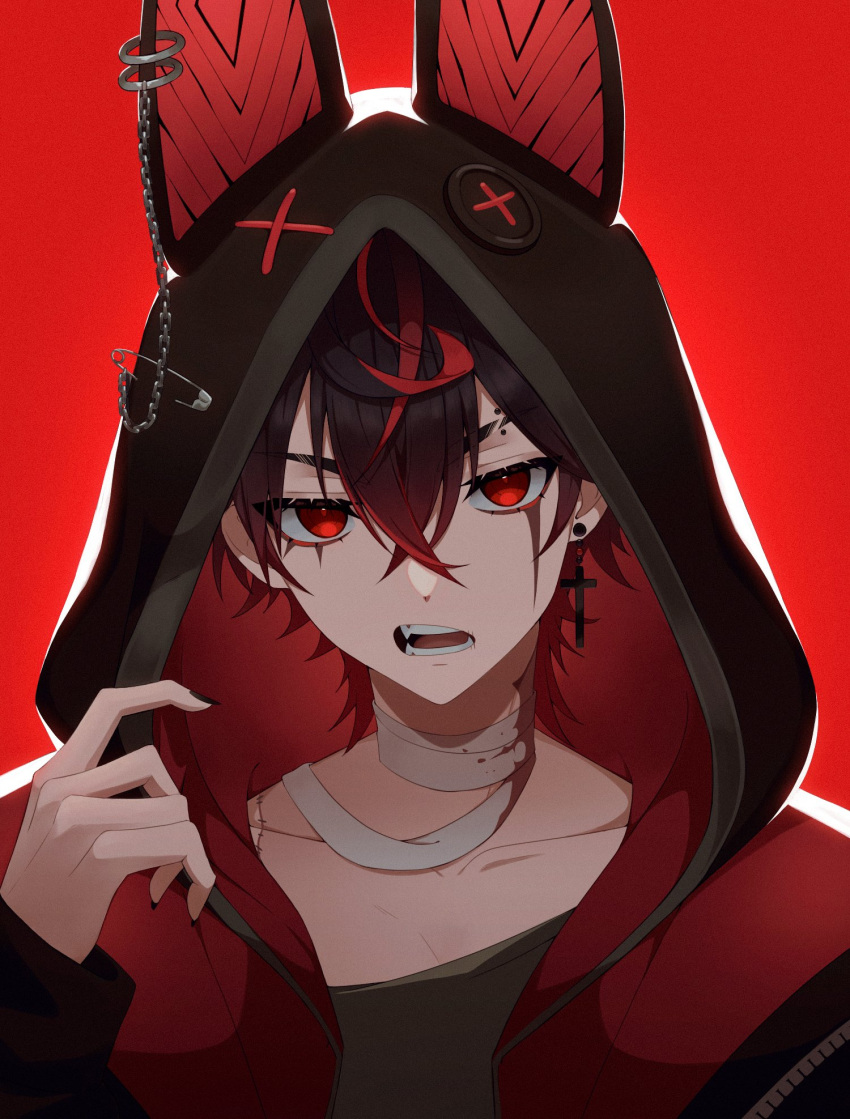 1boy, animal_ear_hood, bandaged_neck, bandages, black_hair, black_hoodie, black_nails, black_shirt