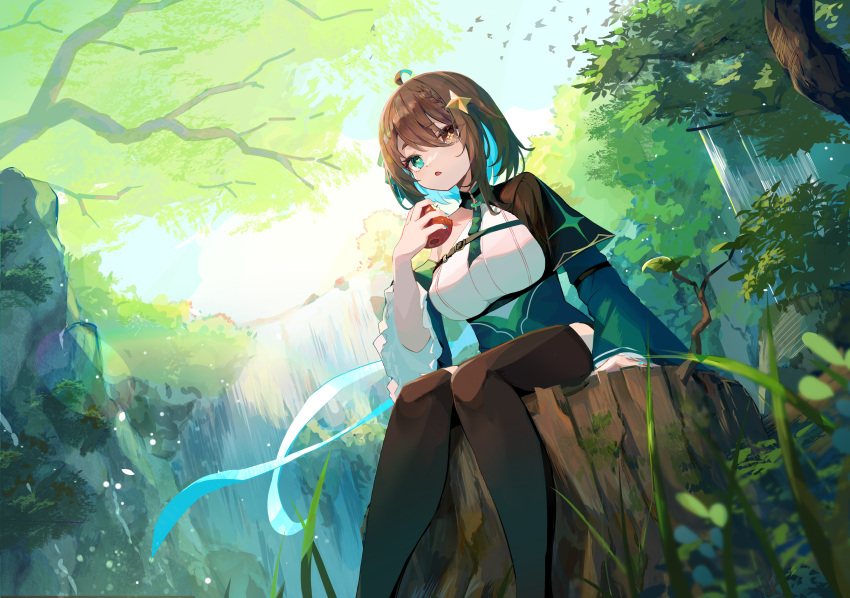 1girl, absurdres, ahoge, apple, aqua_ribbon, arm_belt, black_capelet, black_thighhighs