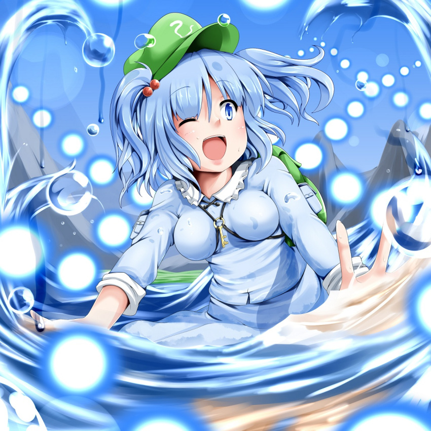 backpack, bag, blue_eyes, blue_hair, hair_bobbles, hair_ornament, hat, highres