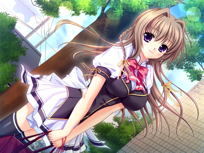 atelier_kaguya, blush, bow, bowtie, braid, breasts, brick, bricks