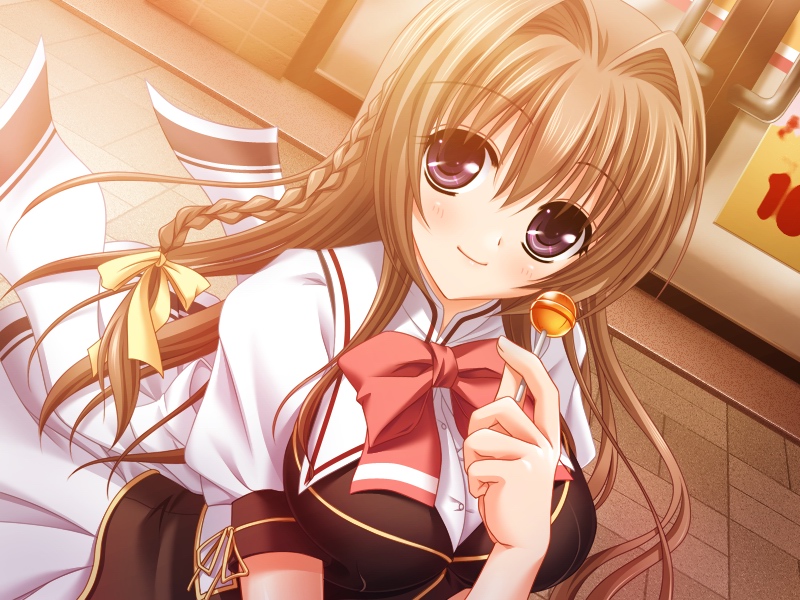 atelier_kaguya, bow, bowtie, braid, breasts, brown_hair, candy, door