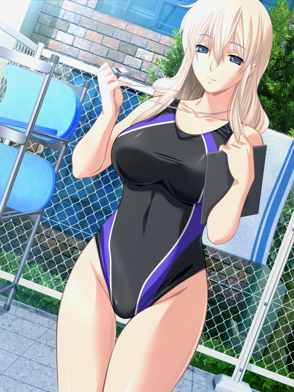 atelier_kaguya, blue_eyes, breasts, brick, bricks, chainlink_fence, clipboard, competition_swimsuit