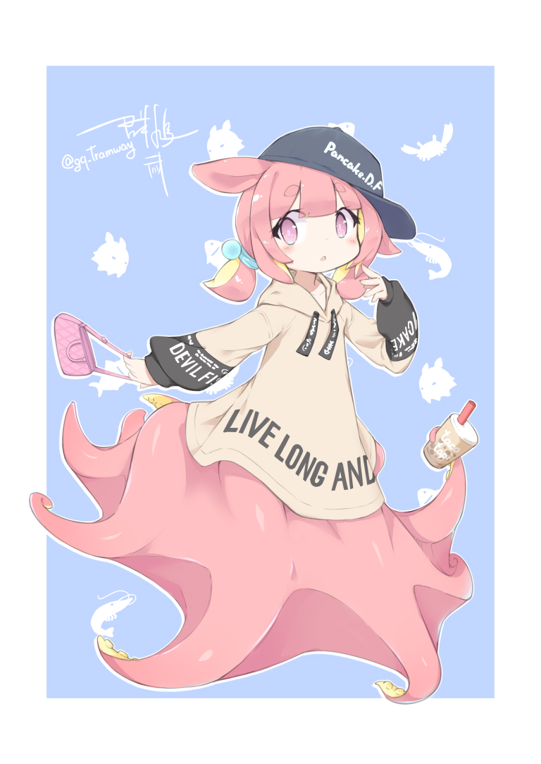 1girl, bag, baseball_cap, blonde_hair, blue_background, blush, colored_skin, commentary, crab, cup, english_text, flat_chest, handbag, hat, holding, holding_cup, hood, hoodie, looking_at_viewer, monster_girl, murabatodenki, octopus, original, parted_lips, pink_eyes, pink_hair, pink_skin, scrunchie, shrimp, simple_background, solo, symbol-only_commentary, tentacle_hair, tentacles, two-tone_hoodie, yellow_skin