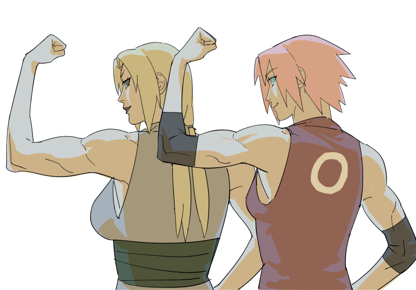 2girls, arm_up, armband, black_armband, blonde_hair, breasts, brown_hair, cleavage_cutout