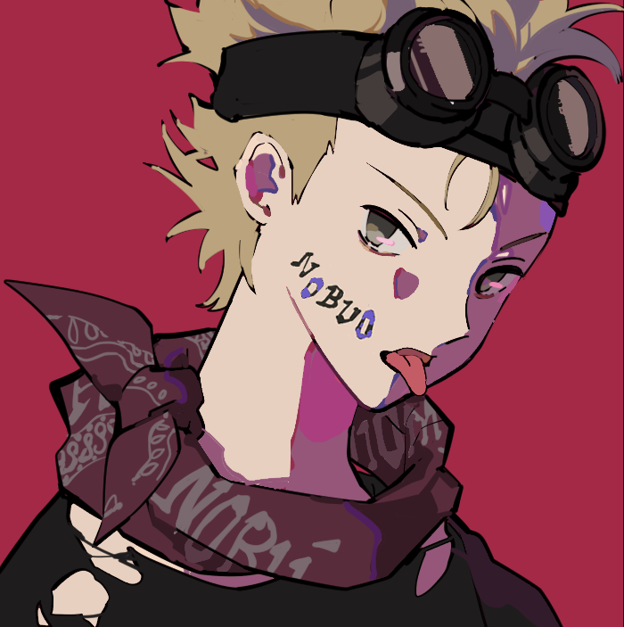 1boy, :p, black_shirt, blonde_hair, body_writing, character_name, clothes_writing, ear_piercing