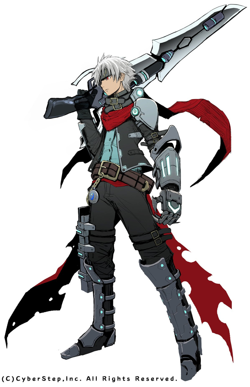 1boy, armor, belt, concept_art, copyright_notice, cosmic_break, gunblade, highres